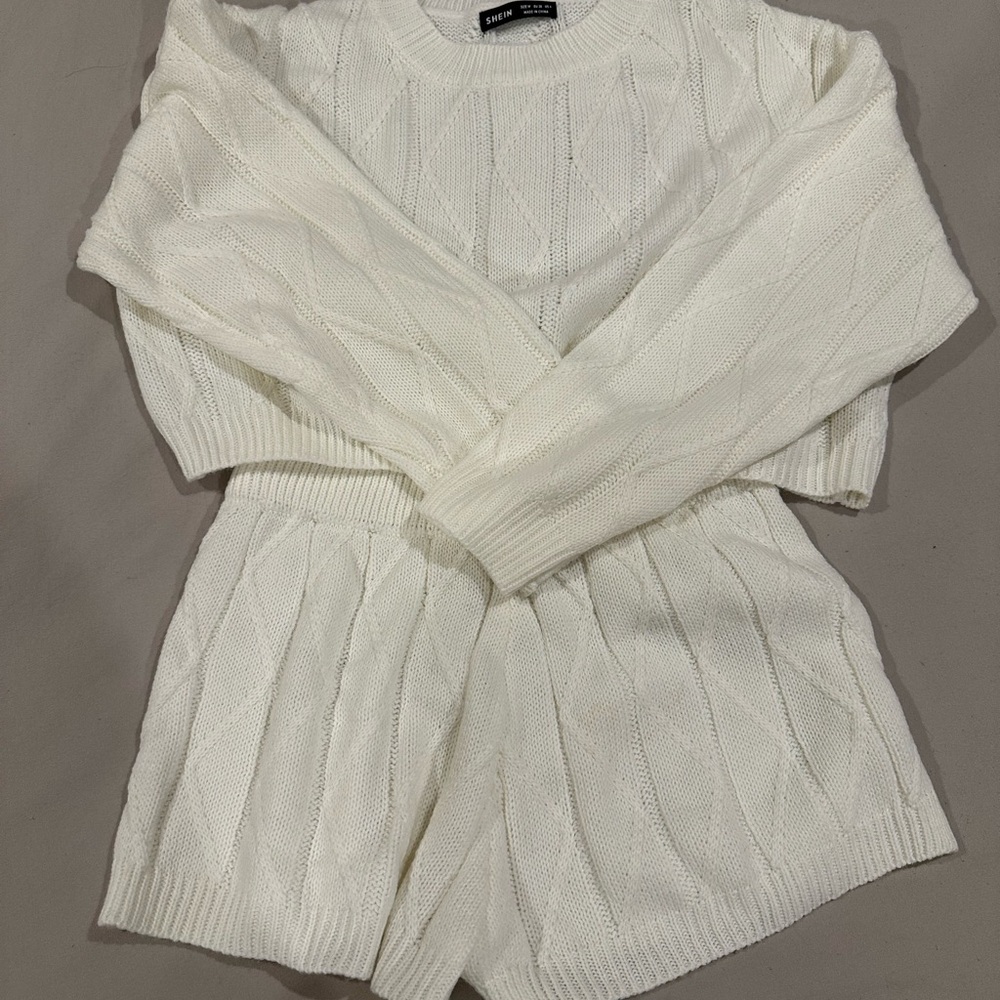 White Crew Neck Sweater set with Textured Knit